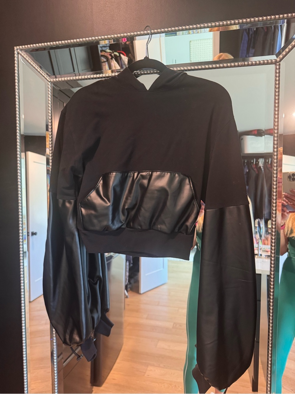 Noli Black Cropped Hoodie with Faux-Leather Panels